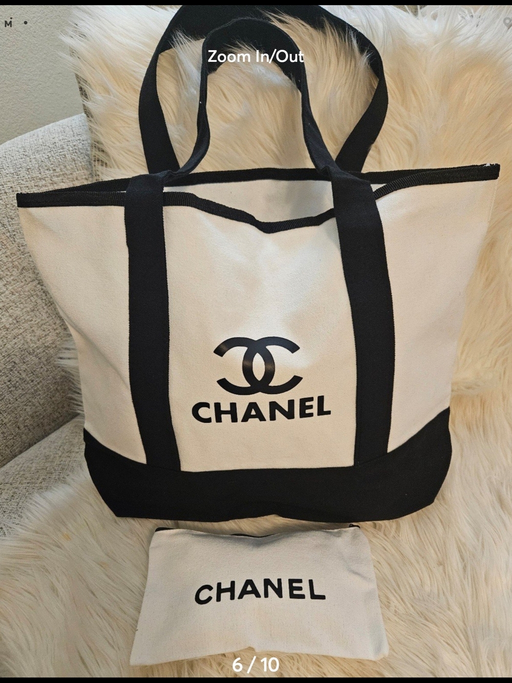 White and Black Canvas Tote with Pouch - Picture 6 of 10